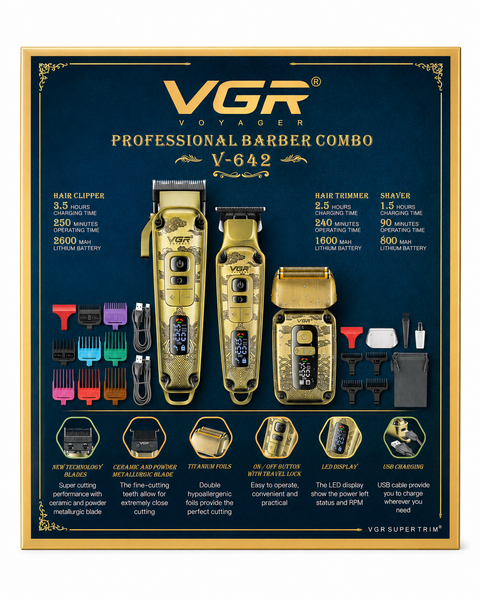 Набір барбера 3в1 професійний VGR V-642 машинка для стрижки, тример та шейвер Золотистий 642 фото